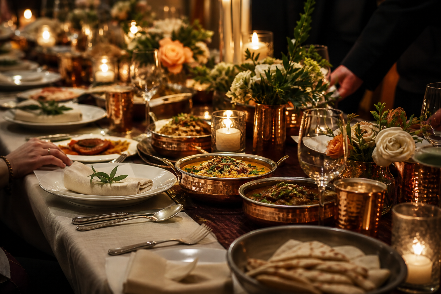 An elegant catered dinner table with copper vessels, candles, and warm hospitality details