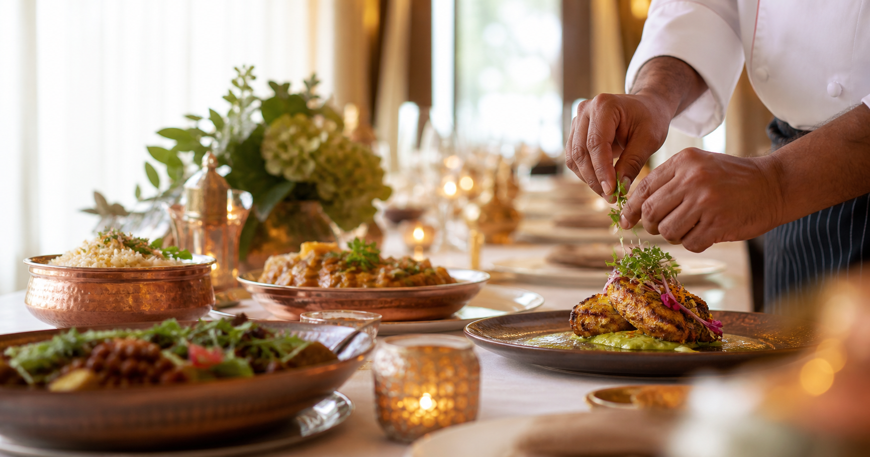 A chef finishing a catered dish at a warm event table
