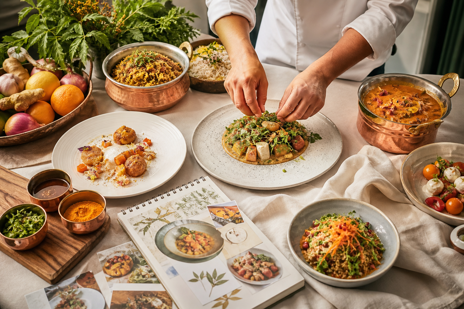 Chef preparing refined dishes with fresh ingredients and copper servingware