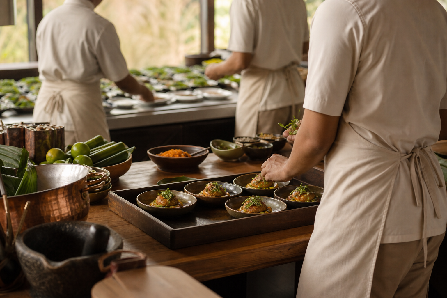A catering team preparing plated dishes in a warm professional kitchen